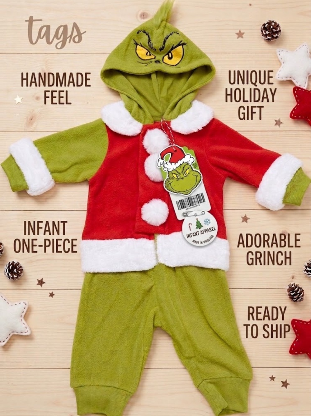 NWT Dr. Seuss The Grinch Baby Hooded Fleece Romper / Onesie size 0-3 months